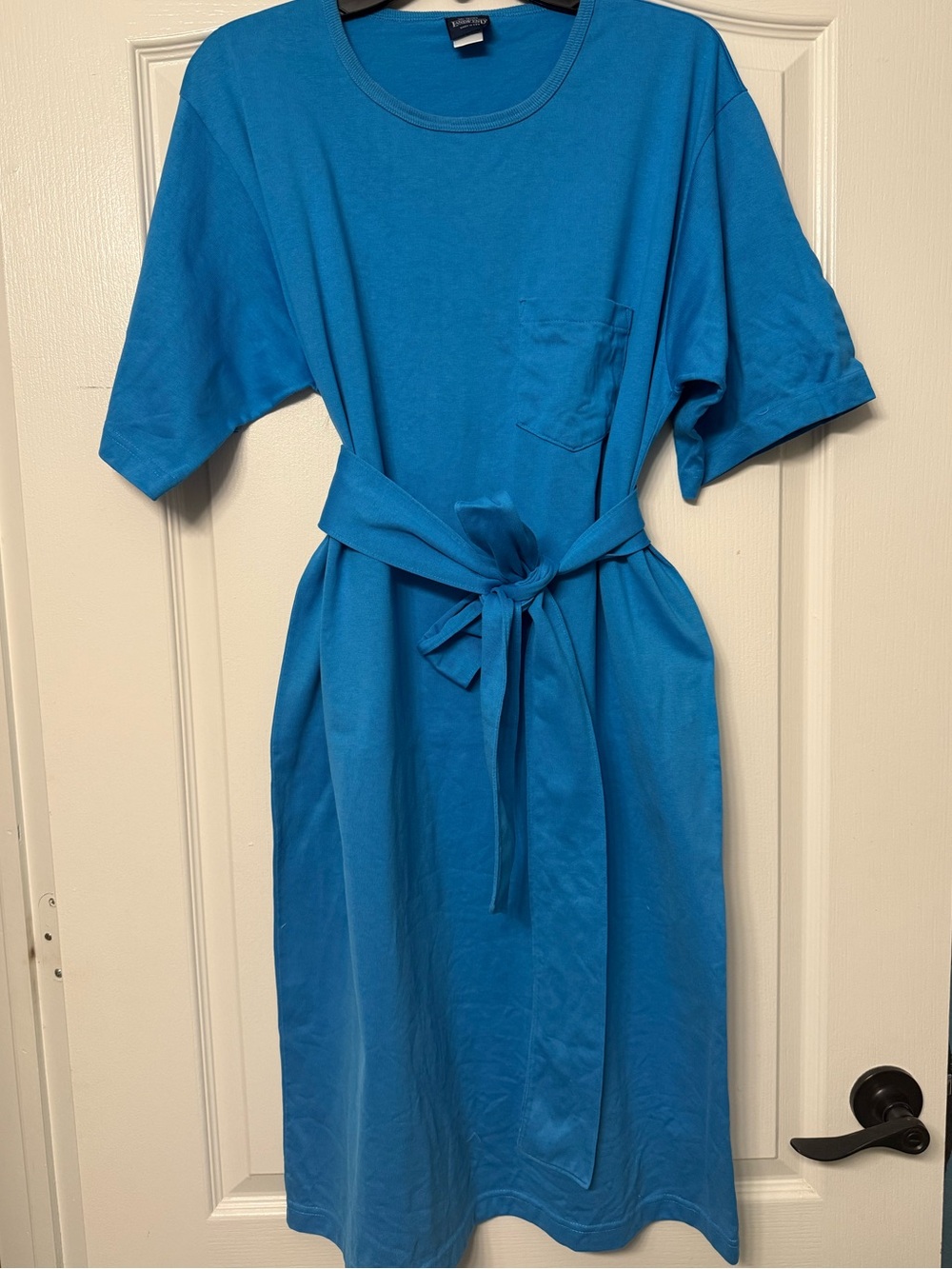 Lands’ End Blue Cotton T-Shirt Dress Belted Pocket USA Made Women’s Large